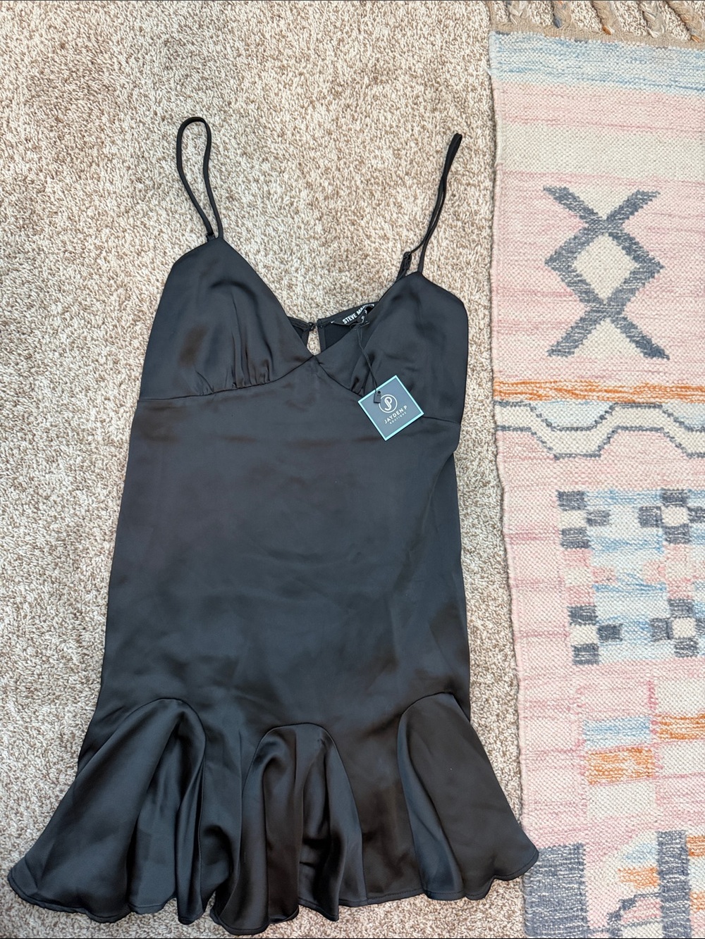 Steve Madden Black Satin Slip Dress with Spaghetti Straps